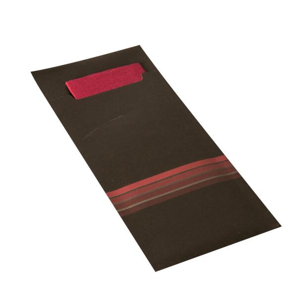 520 Bestecktaschen 20 cm x 8,5 cm schwarz/bordeaux "Stripes" inkl. farbiger Serviette 33 x 33 cm 2-lag.