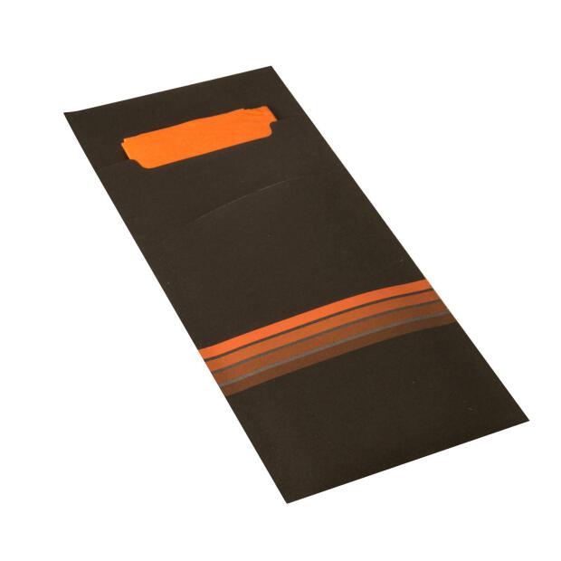 520 Bestecktaschen 20 cm x 8,5 cm schwarz/orange "Stripes" inkl. farbiger Serviette 33 x 33 cm 2-lag.