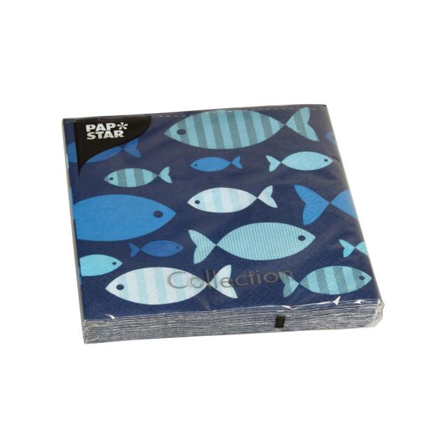 20 Servietten, 3-lagig 1/4-Falz 33 cm x 33 cm "Blue Fish"
