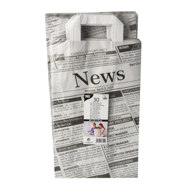 Papstar 50 Tragetaschen, Papier 36 cm x 22 cm x 10 cm "Newsprint" mit Tragegriff