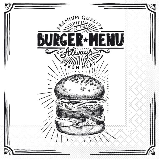 100 3-lagige Servietten Mank Burger Menu 33x33cm 1/4 Falz 82053